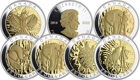 Kanada-7x20Dollar-2014-AGpp-Adler-Wolft-vergoldet-RSVS
