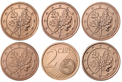 Kursmünzen 2 Euro-Cent Deutschland 2014 in Stempelglanz mit Eichenzweig 