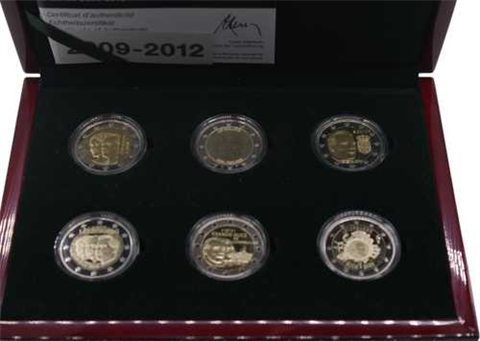 Luxemburg-6x2 Euro-2009-2012-PP-Gedenkmünzensatz-Etui offen
