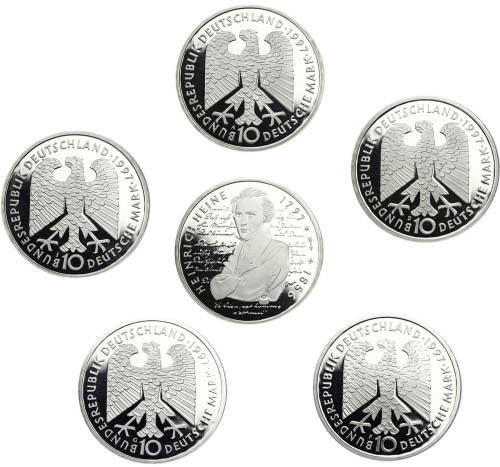 BRD 10 Deutsche Mark PP Münzen 1997 Heinrich Heine Mzz A - J