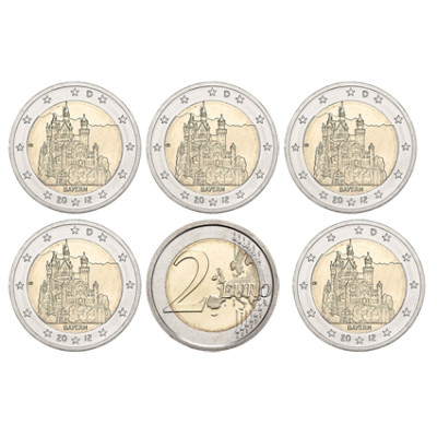 Deutschland 5 x 2 Euro 2012 bfr. Bundesländer Serie: Schloß Neuschwanstein Mzz. A - J