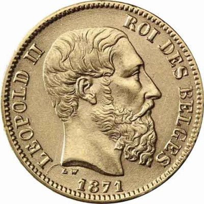 AV Belgien 20 Francs Leopold II 1870 bis 1882