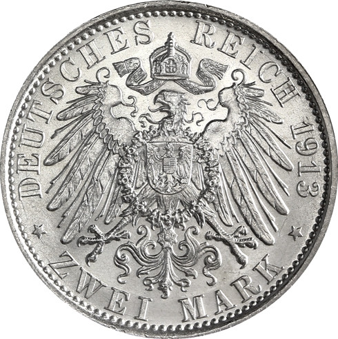Jäger 111 Preussen 2 Mark 1913 Kaiser Wilhelm II in Uniform 25jähriges Regierungsjubiläum I