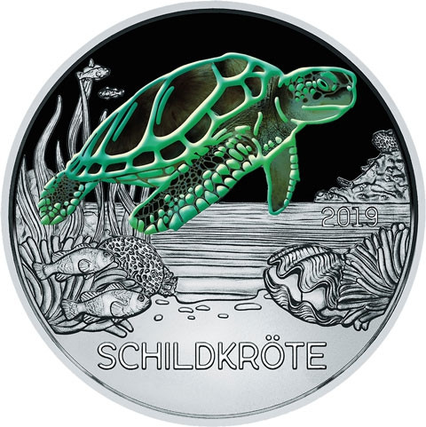 Österreich-3-Euro-2019-Schildkröte-Tiertaler-handgehoben-in-Münzkapsel-1