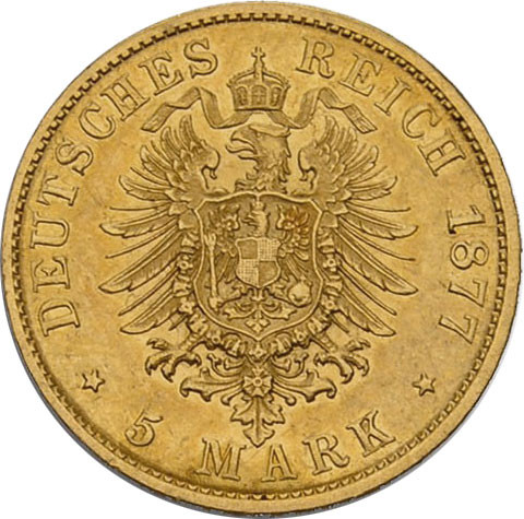 J.208 - Hamburg  5 Goldmark 1877 Stadtwappen Historisches Gold  kaufen 