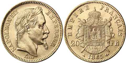 AV Frankreich 20 Francs Napoleon III mit Kranz 