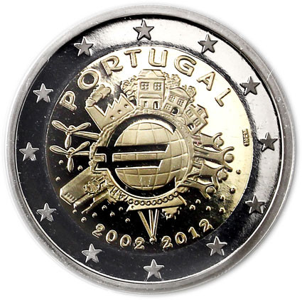 Sammlermünze 2 Euro Gedenkmünzen 2 Euro Sondermünzen 2 Euro Münzen Portugal 2 Euro 2012 PP " 10 Jahre Euro- Bargeld " im Blister