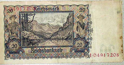 Banknoten 5 Reichsmark  Jünglingskopf 1942 und  20 Reichsmark  junge Österreicherin 1939