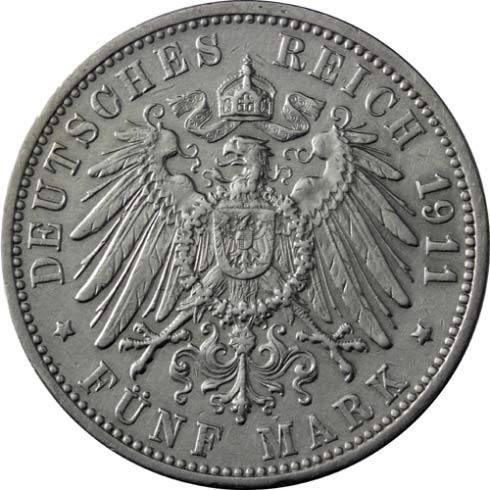 Kaiserreich-5-Mark-1911-Prinzregent-Luitpold-Bayern-J.50-Sonderpreis.