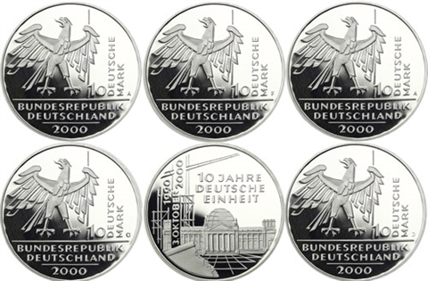 Deutschland-5x10DM-2000-AgPP-DeutscheEinheit-MzzADFGJ