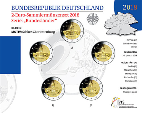 Deutschlande 2 Euro-Satz 2018 Berlin Schloss Charlottenburg Stgl im Folder