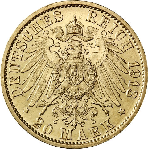 Preußen 20 Mark Goldmünze 1913-1915 Wilhelm II in Unifom –  Jäger 253