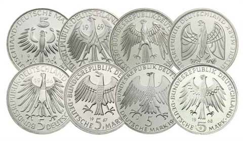 8x5DM-Silber-Gedenkmünzen-Leibniz-Beethoven-RS