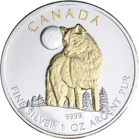 Kanada-5 Dollar-2011-AGstgl-Wolf-Vergoldet-RS