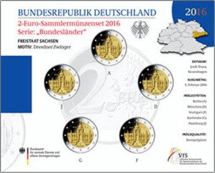 Deutschland 5 x 2 Euro 2016 Stempelglanz - Dresdner Zwinger im Folder