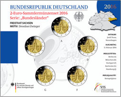 Deutschland 5 x 2 Euro 2016 Stgl. Dresdner Zwinger  im Folder der VfS