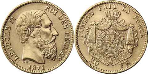 AV Belgien 20 Francs Leopold II 1870 bis 1882