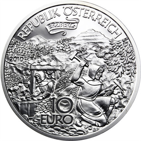 Österreich-10-Euro-2010-Silber-PP-Erzberg-in-der-Steiermark-Etui