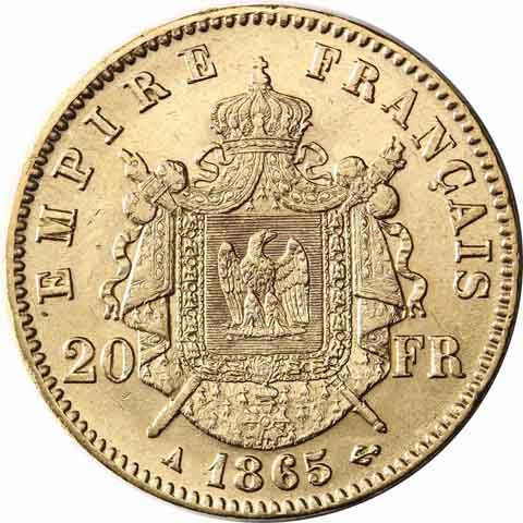 AV Frankreich 20 Francs Napoleon III mit Kranz 