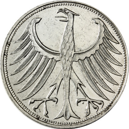 Deutschland 5 DM 1958 J Silberadler vorzüglich - Seltene Erhaltung