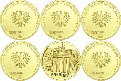 Deutschland-100Euro-Gold-Freiheit-VS-Wertseite-Münzzeichen-A-J