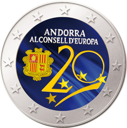 Andorra 2 Euro 2014 bfr.  20. Jahrestag zum Beitritt in den Europarat FARBE