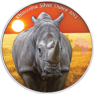 Kongo 1.000 Francs 2012 Silber mit dem Motiv  Rhinozeros  Antique Finish Farbmotiv 