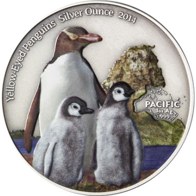 Tokelau 1 Oz Silber 2014 Gelbaugenpinguin Antike-Finish in FARBE