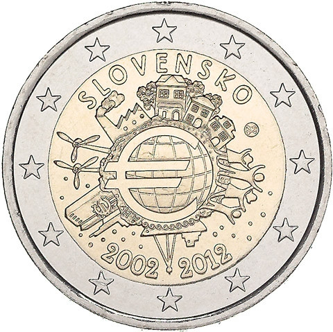 Sammlermünze 2 Euro Gedenkmünzen 2 Euro Sondermünzen 2 Euro Münzen Slowakei 2 Euro 2012 bfr. 10 Jahre Euro- Bargeld