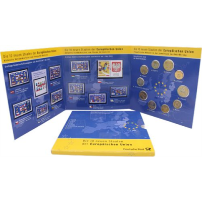 Mix-10xWert-Kursmünzen der 10 EU-Ländern mit Briefmarken-Folder