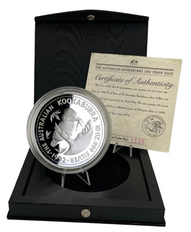 Australien-10-Dollar-1992-pp-10-oz-Silber-Kookaburra-Etui