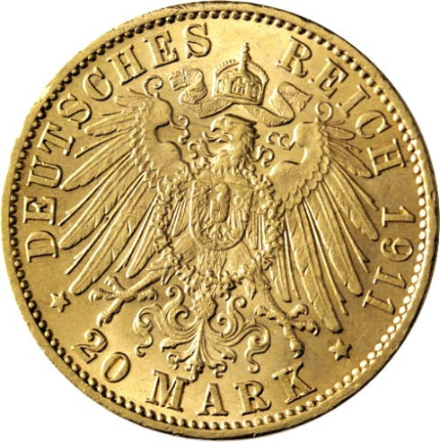 Kaiserreich 20 Mark 1911-1914 Großherzog Friedrich I. von Baden J.192