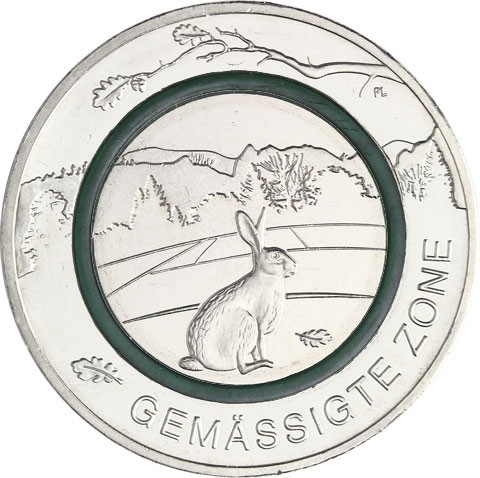 Neue 5 Euro Gedenkmünze 2019  Gemäßigte Zone Polymering Grün Feldhase
