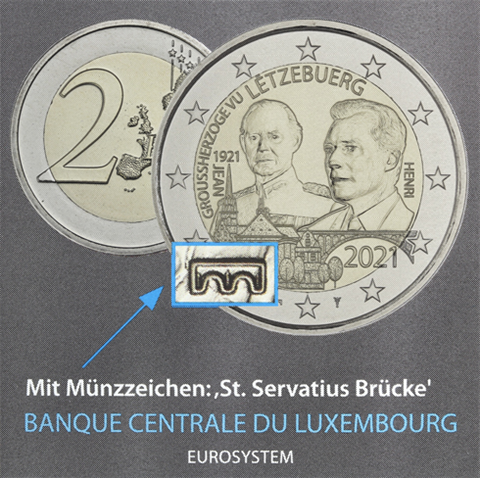 Luxemburg-2-Euro-2021-Großherzog-Jean-Reliefprägung-Mzz-I
