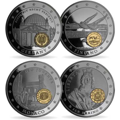 Mix-4xMedaillen-2011-PP-Vergoldet-Farbe-10Jahre Euro-Set