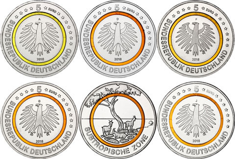 5 Euro Münze 2018 Subtropische Zone - Deutschland - Klimazone  Folder