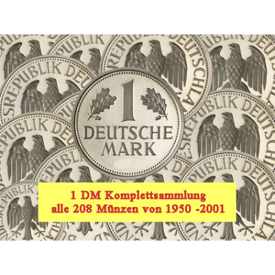 J.385  BRD 1 D-Mark 1950 bis 2001 Komplettangebot 208 Münzen