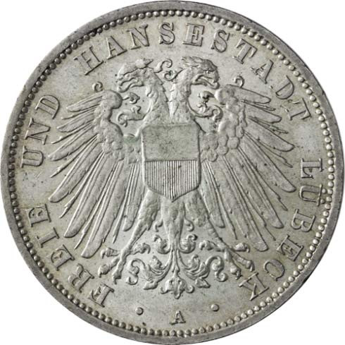 Kaiserreich-3-Mark-1908-1914-Stadtwappen-Lübeck-J.82-I