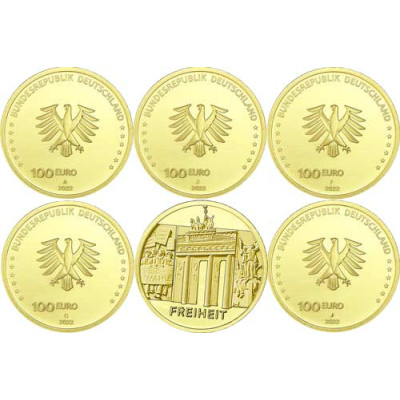 Deutschland-100Euro-Gold-Freiheit-VS-Wertseite-Münzzeichen-A-J