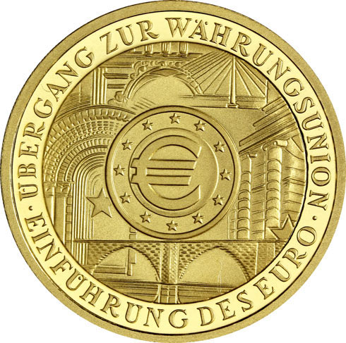 Bildseite 200 Euro Goldmünze Währungsunion